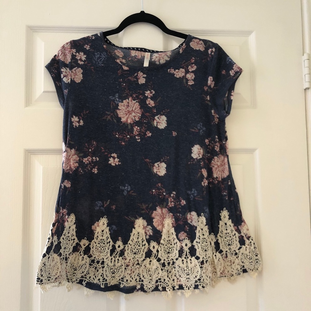 Blue Floral Shirt with Lace Detail